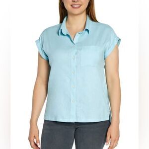 Orvis Ladies' Short Sleeve Linen Blend Shirt Blue Size L 10/12